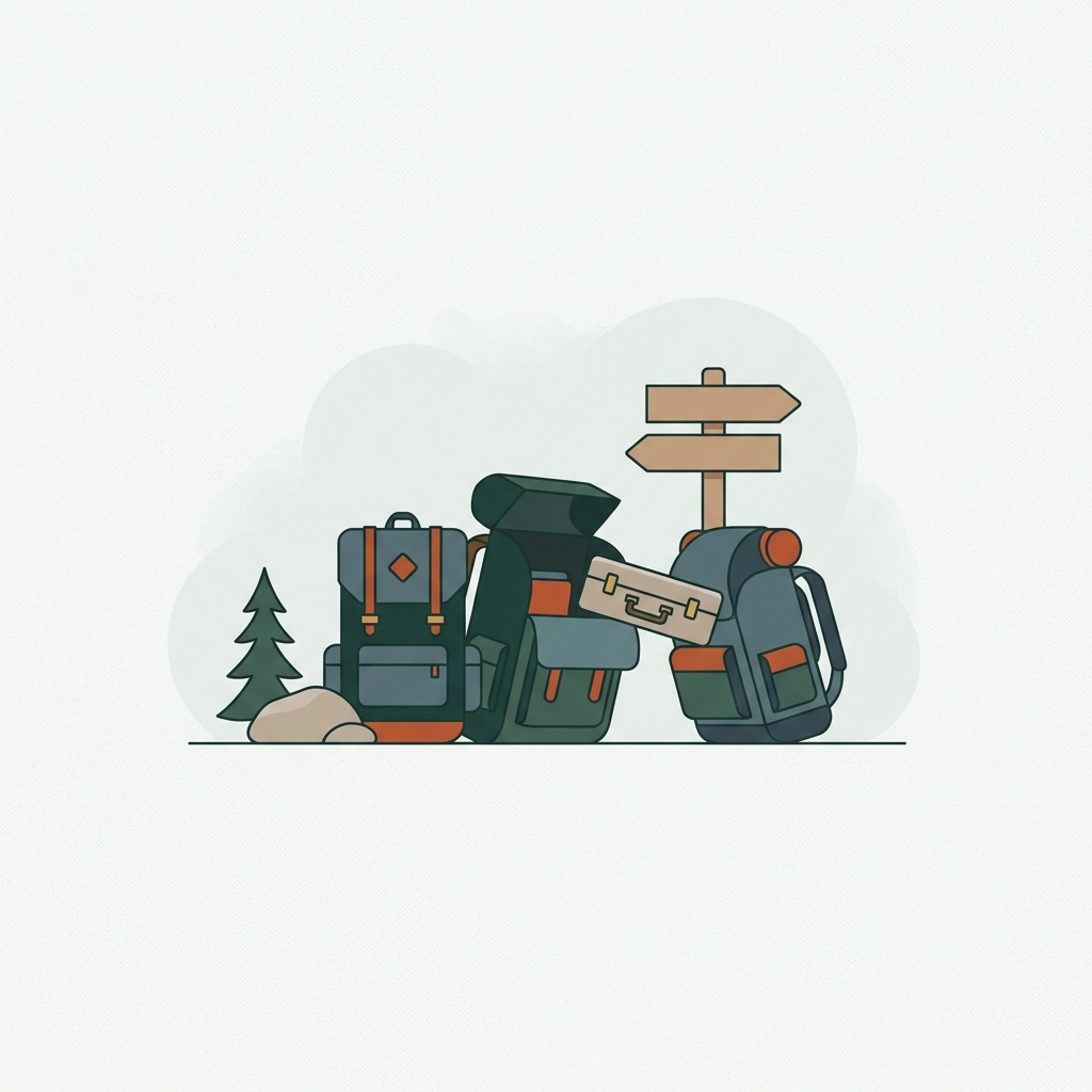 Two backpacks and camping gear at a trailhead with a stove case placed between packs suggesting a transfer minimalist 2D vector composition in Paper Mist Forest Terracotta Slate colors what is the best way to distribute weight in a backpack