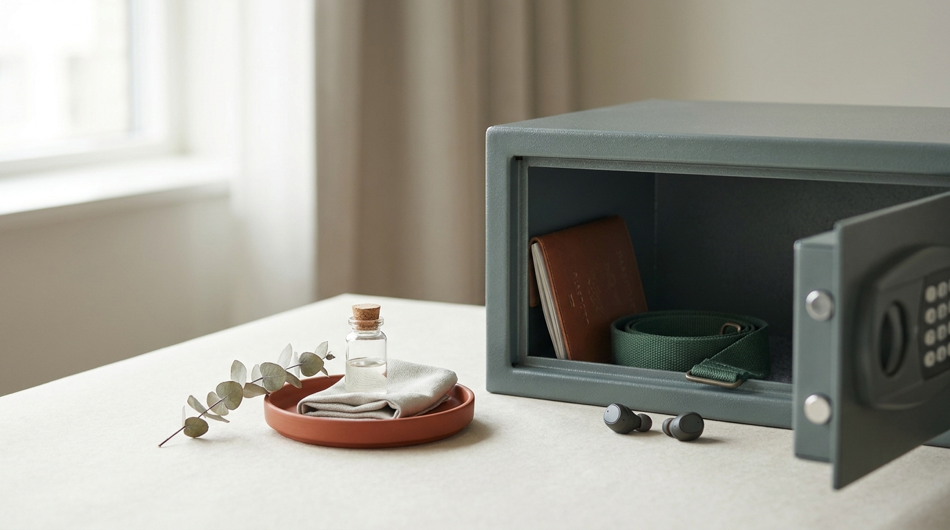 Hotel safe partly open showing passport and compact travel items on paper toned surface in Cabin and Carry colors should i leave my passport in the hotel or carry it with me