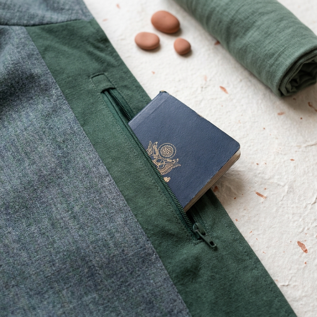 Close up of a concealed passport partially visible inside a zipped interior pocket of a travel jacket on a paper textured background with forest and terracotta accents should i leave my passport in the hotel or carry it with me