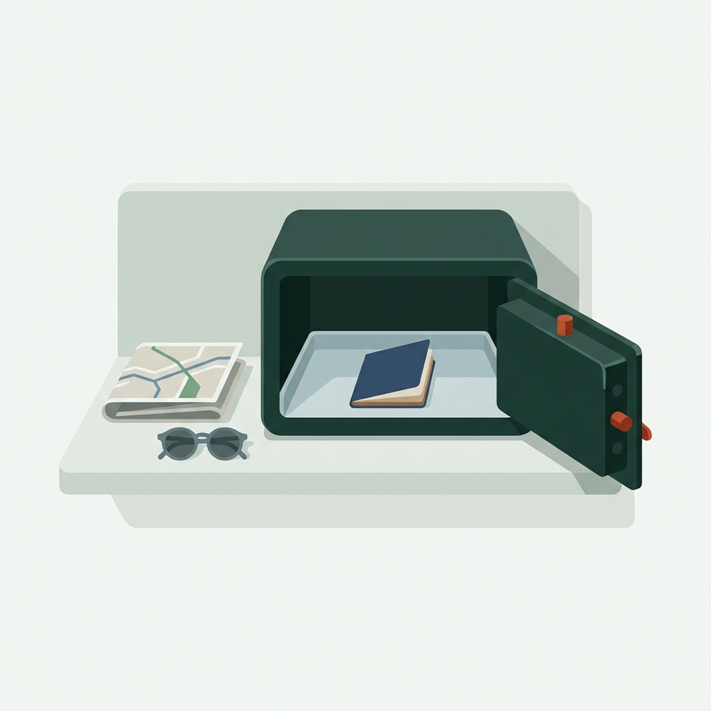 Minimalist 2D vector of an open cruise stateroom safe with a passport on the tray and simple travel props in Paper #F4F7F4 Forest #183735 Terracotta #BD4629 should i leave my passport in the hotel or carry it with me