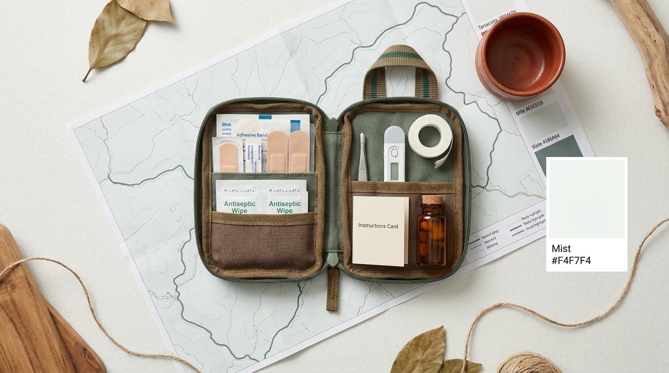 Top down view of a compact unbranded first aid kit open on a folded trail map with bandages antiseptic wipes tweezers and a small pill bottle what to pack in a first aid kit when travelling