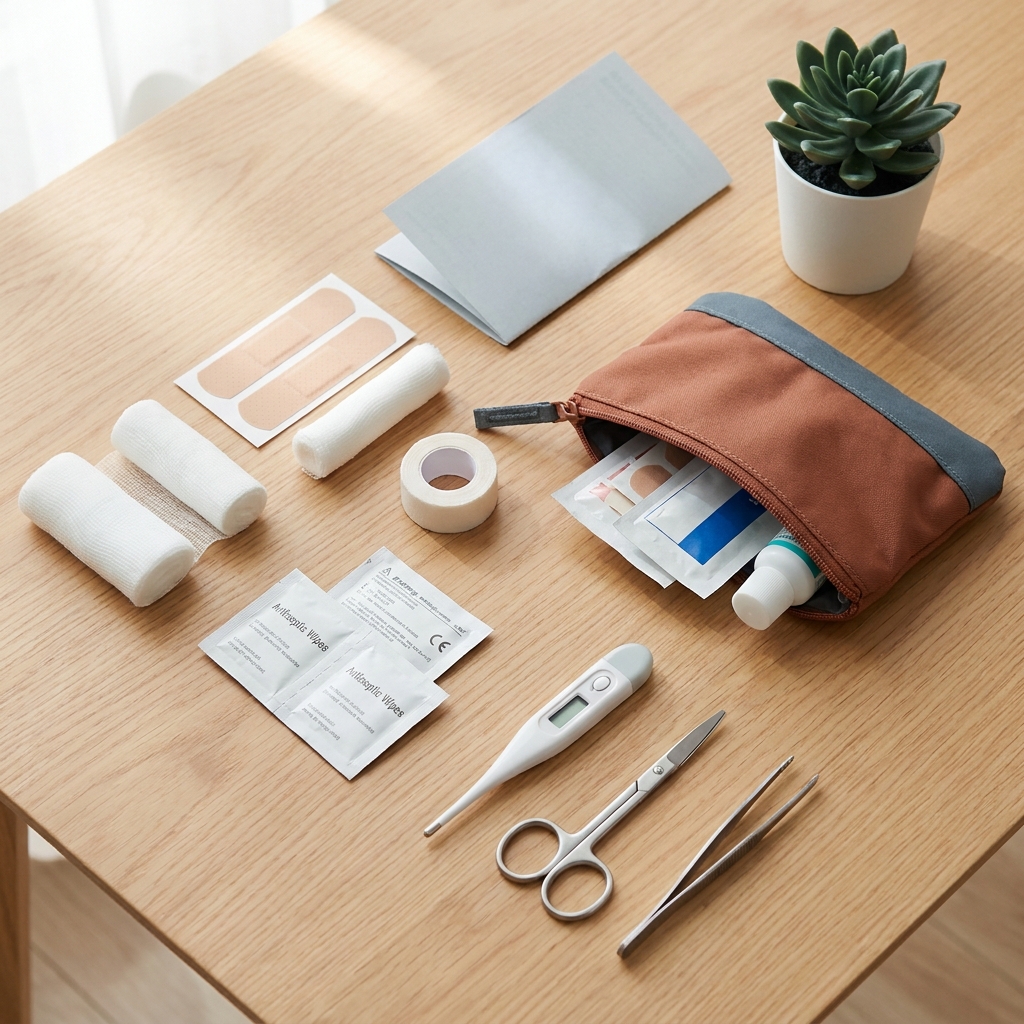 Flat lay of a compact travel first aid kit on a wooden surface showing bandages gauze tape antiseptic wipes thermometer and a small pouch in Cabin and Carry palette what to pack in a first aid kit when travelling