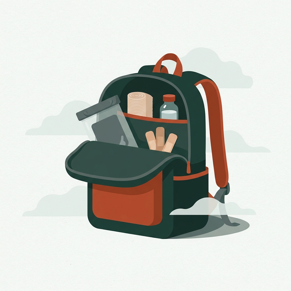 Open daypack on a paper colored background with a small waterproof case inside surrounded by minimalist travel kit items and forest and terracotta accents illustrating what to pack in a first aid kit when travelling