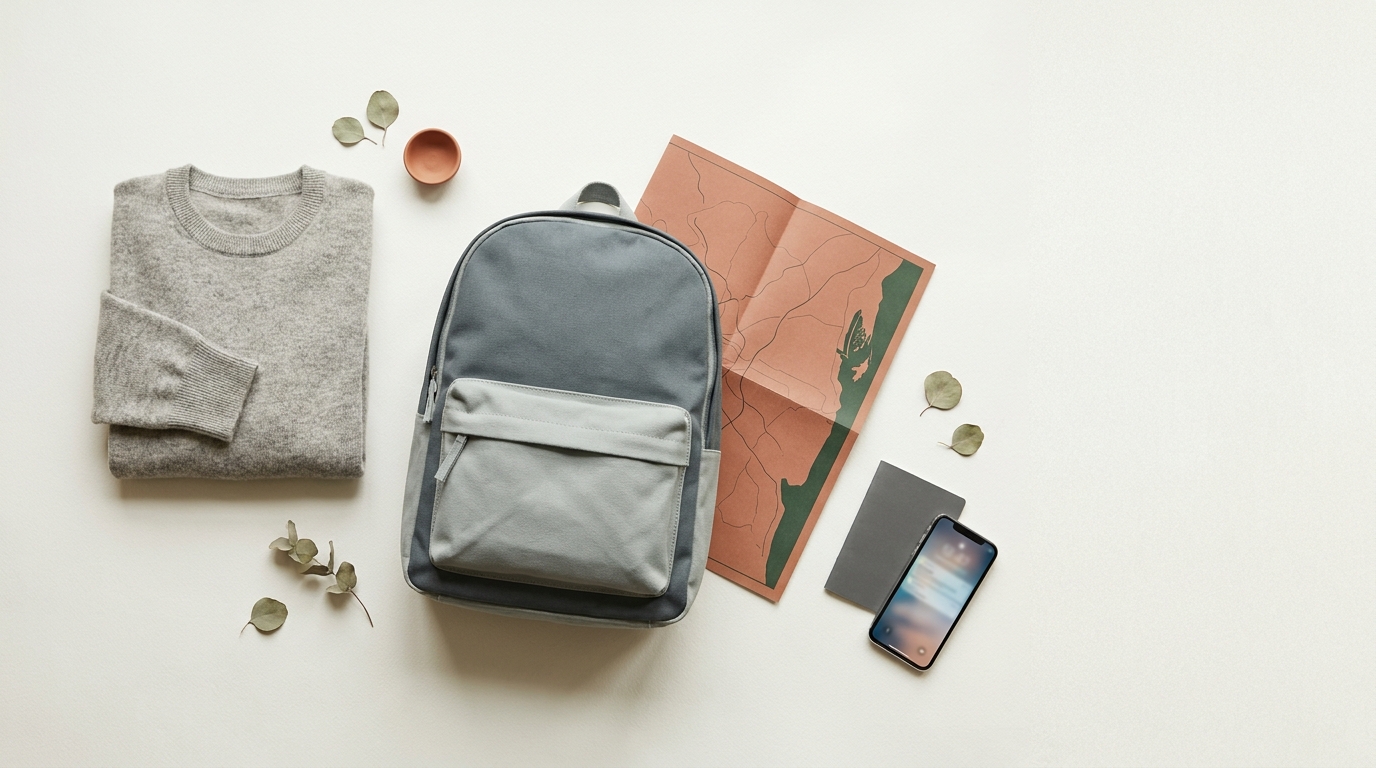 Top down travel flatlay with folded merino sweater canvas backpack terracotta map passport and smartphone implying checking travel rules can i machine wash 100% merino wool