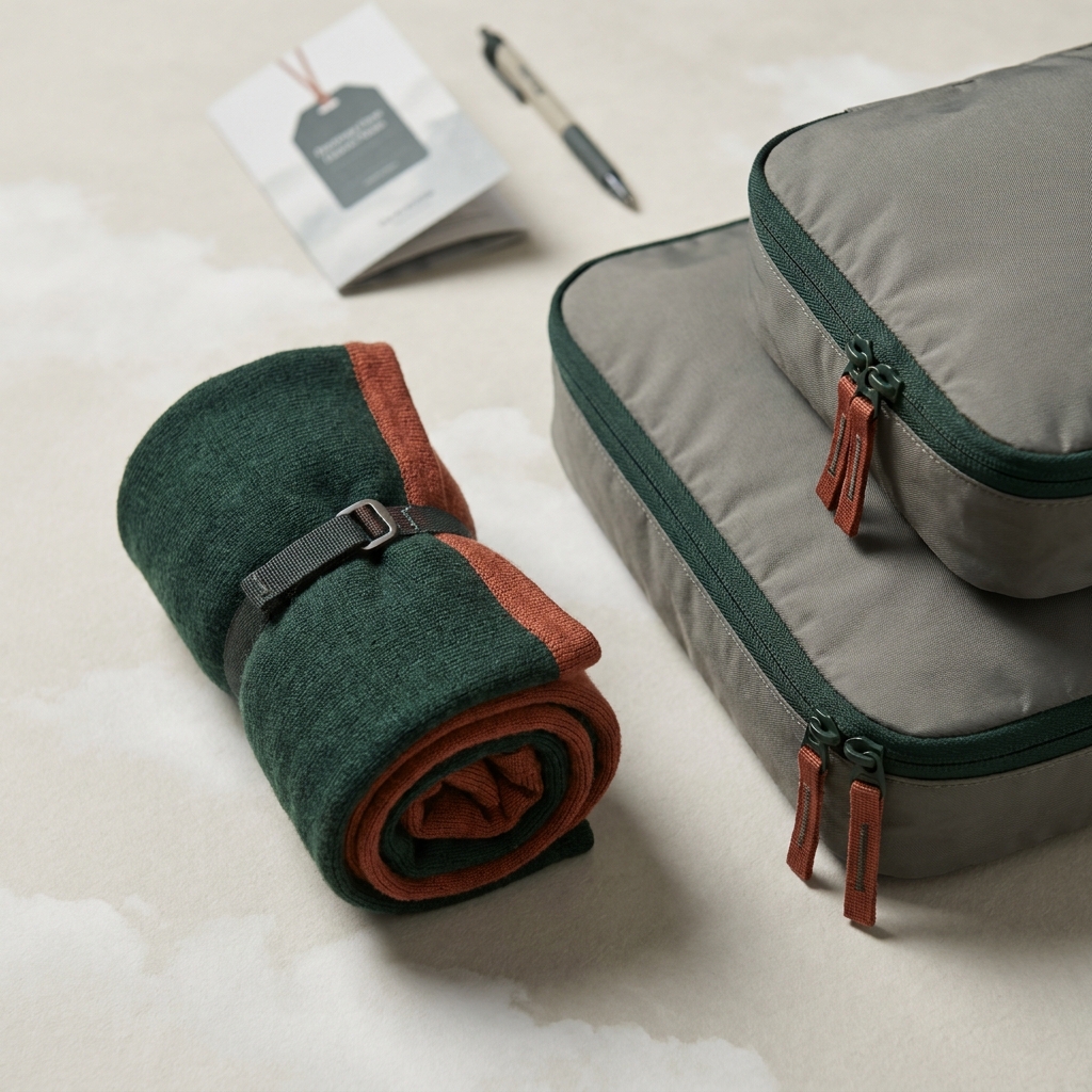 Close up editorial photo of a rolled merino neck gaiter and compact packing cubes on a minimalist paper backdrop with forest and terracotta accents can i machine wash 100% merino wool