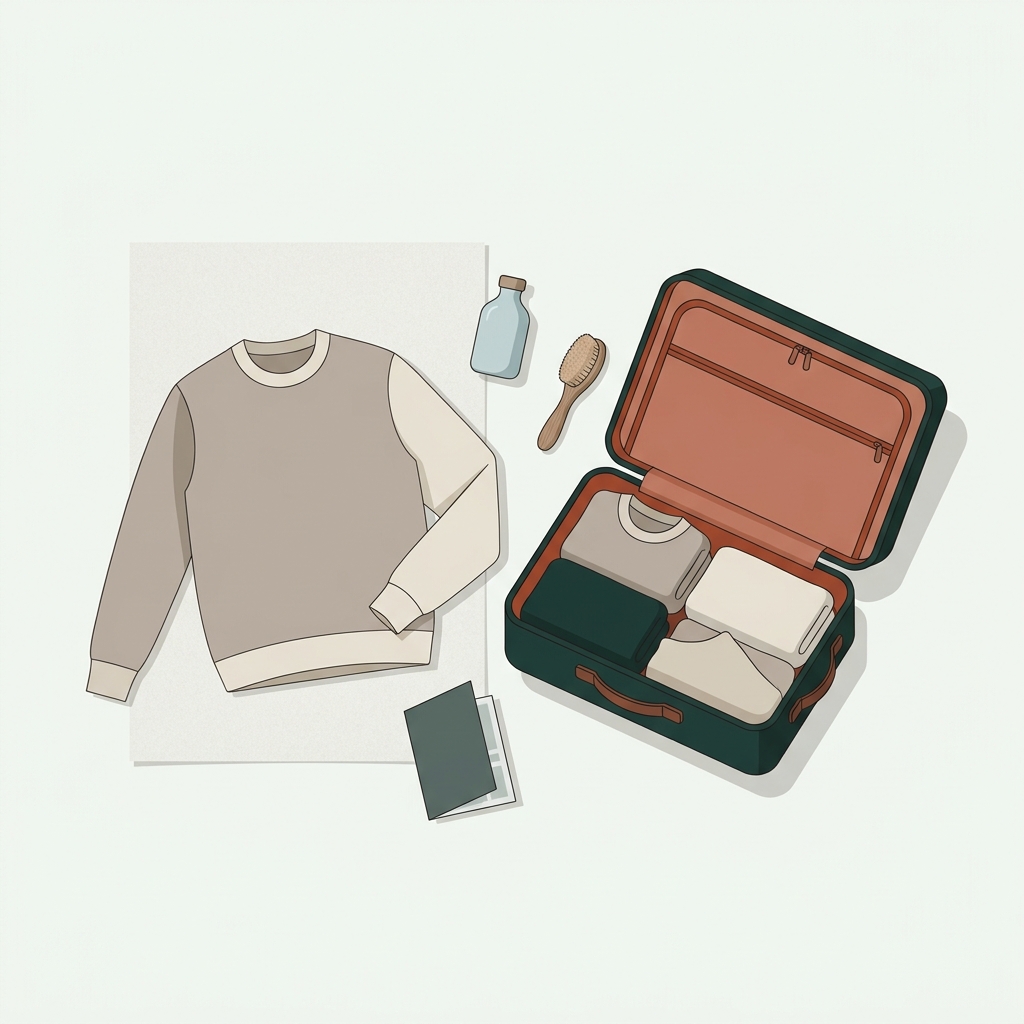 Can i machine wash 100% merino wool minimal 2D vector top down flat lay of a damp merino sweater reshaped beside an open suitcase on a paper background with forest and terracotta accents