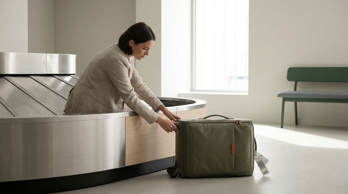 Traveler inspecting suitcase wheel at a quiet airport carousel with visible blurred baggage tags in forest and terracotta tones do airlines cover wheel luggage damage