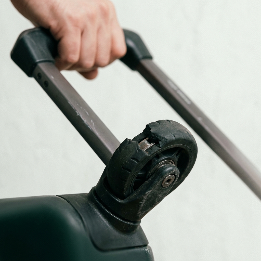 Full frame close up of a suitcase wheel and handle showing minor scuffs and one broken wheel example in calm forest and terracotta tones do airlines cover wheel luggage damage