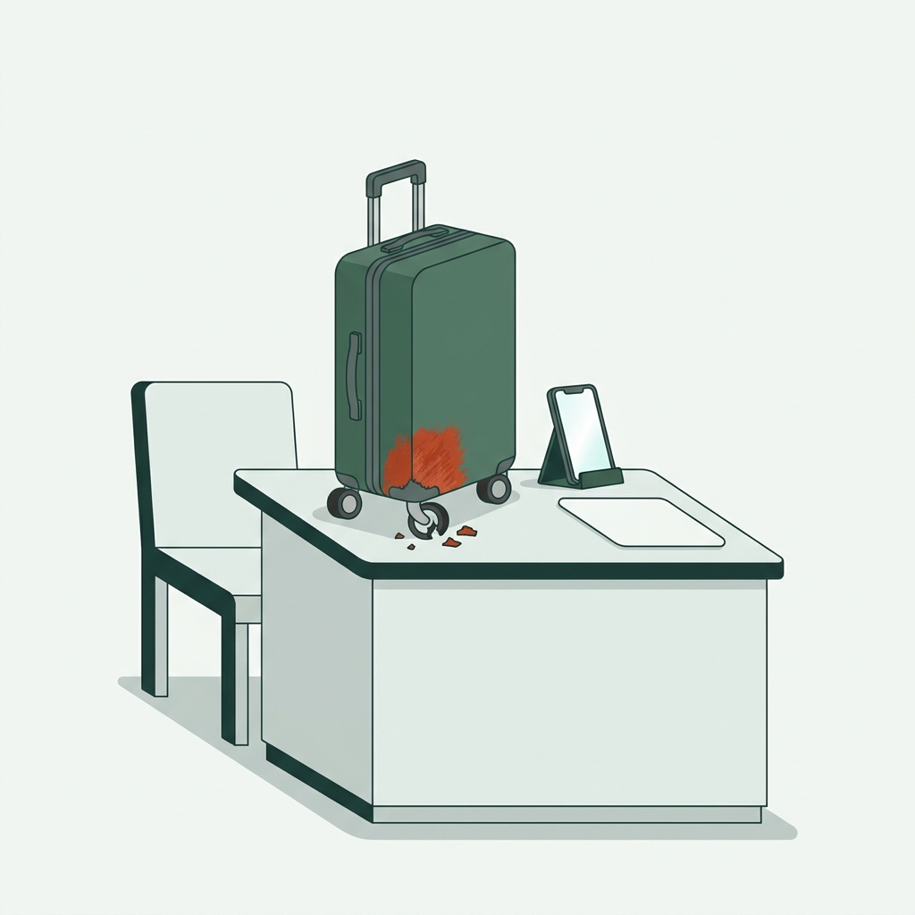 Minimalist 2D vector of a damaged wheeled suitcase on an airport baggage office counter with a smartphone photographing the cracked wheel and scuffed corner in forest and terracotta tones do airlines cover wheel luggage damage