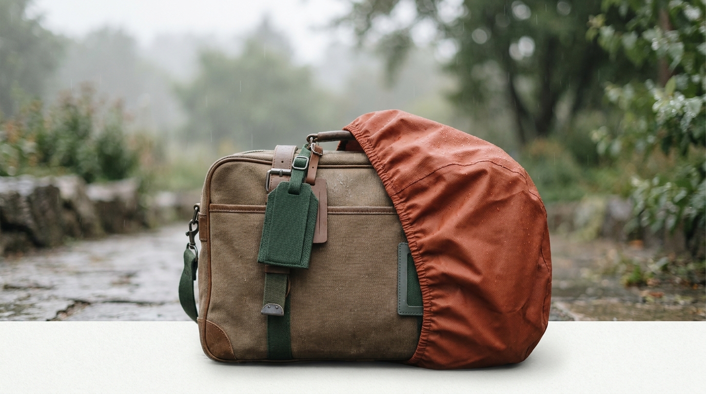 Suitcase with folded terracotta rain cover and visible luggage tags in forest and paper tones outdoors in rain demonstrating how to make luggage waterproof
