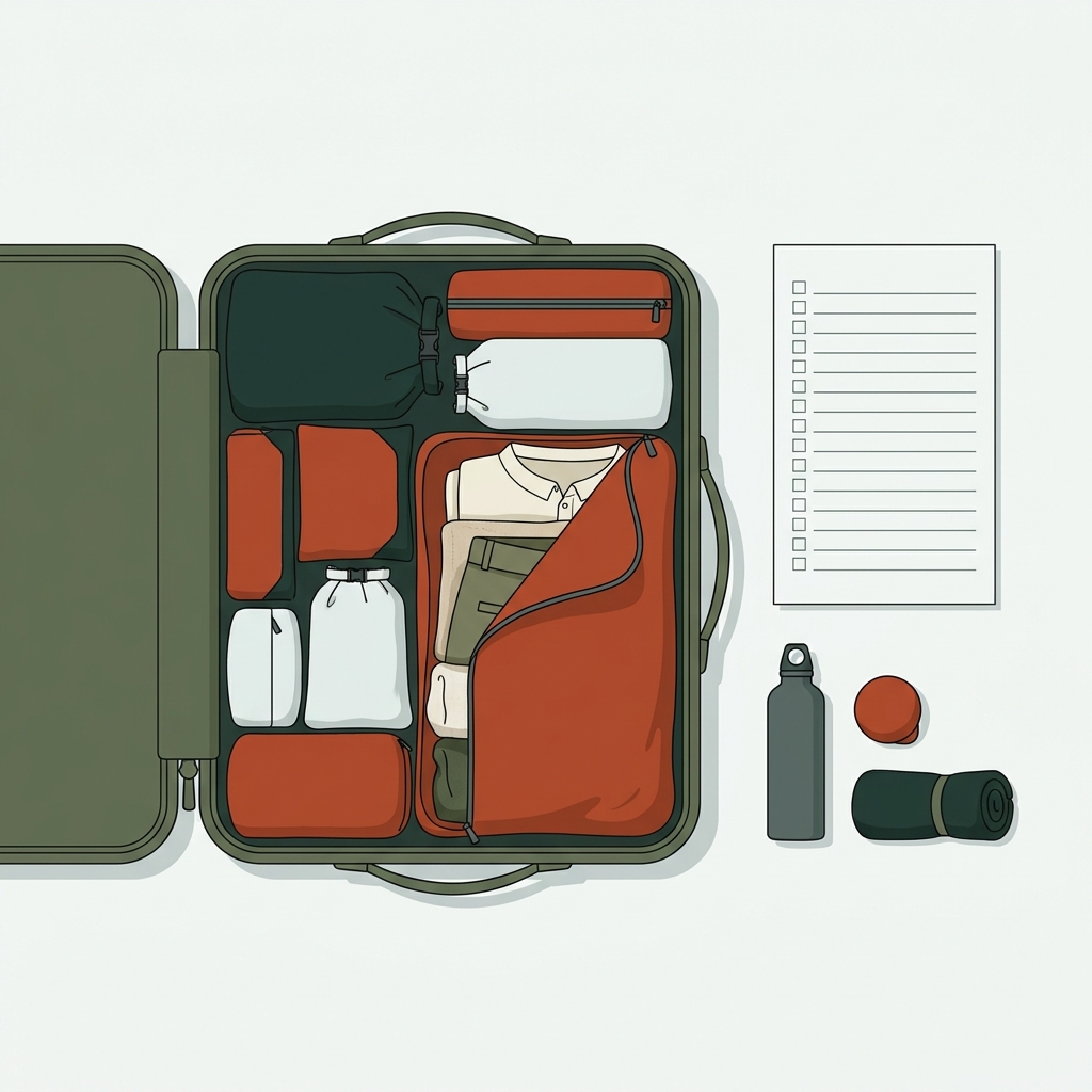 Minimalist 2D vector top view of an open suitcase with waterproof liners and dry bags neatly packed beside a blank packing checklist and compact travel accessories in forest and terracotta tones how to make luggage waterproof