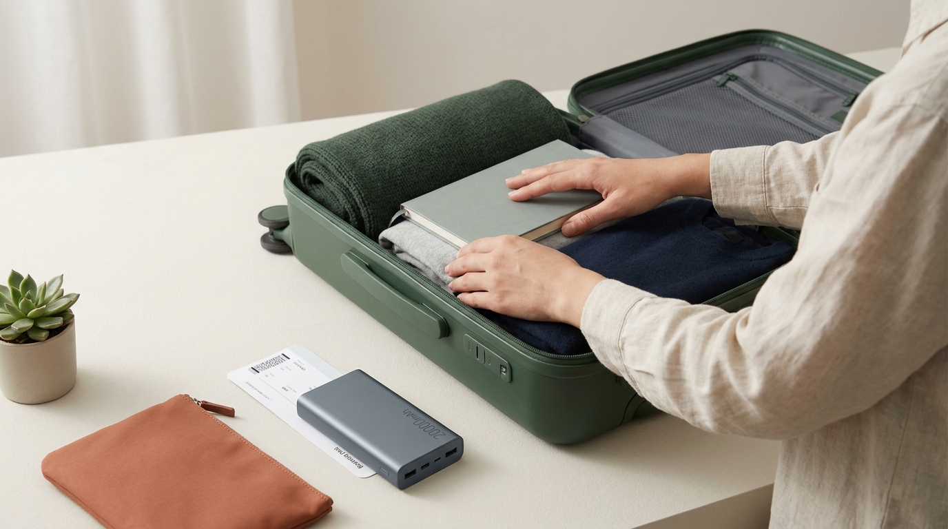 Traveler packing carry on with 20000mah power bank and boarding pass in forest and terracotta tones is a 20000mah power bank allowed in flight carry-on