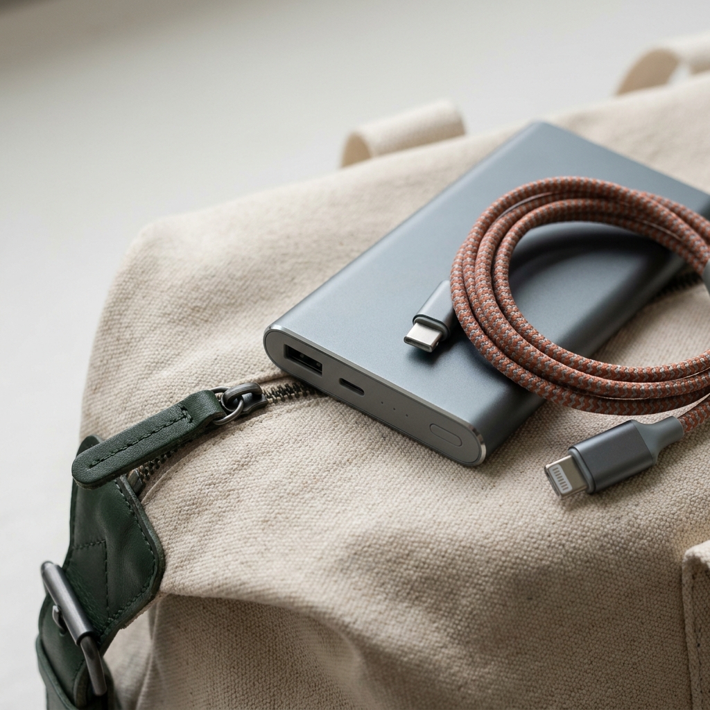 Close up editorial of a power bank and charging cable on a textured travel bag in forest and terracotta tones composed for clarity verify airline and destination rules is a 20000mah power bank allowed in flight carry-on