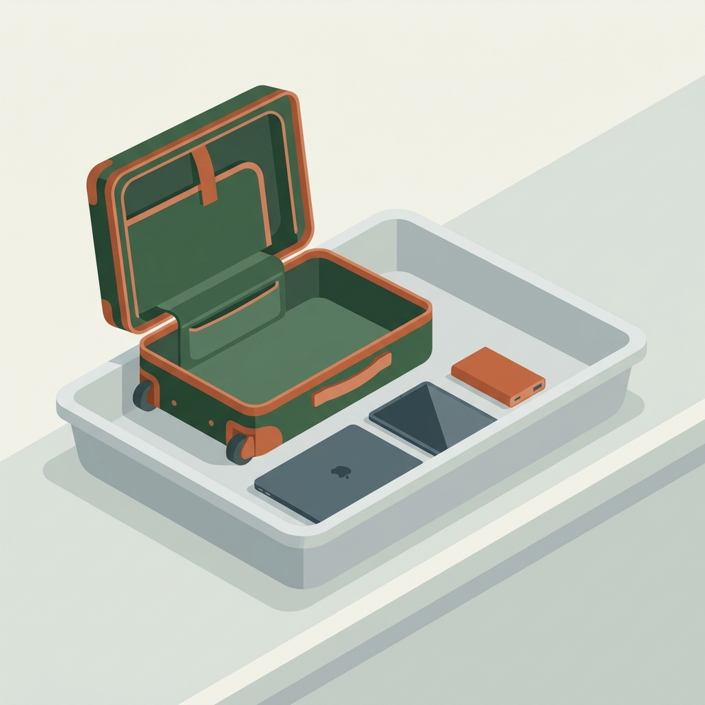 Is a 20000mah power bank allowed in flight carry-on 2D vector minimalist airport security scene showing open carry on with accessible electronics pocket laptop tablet and unbranded power bank