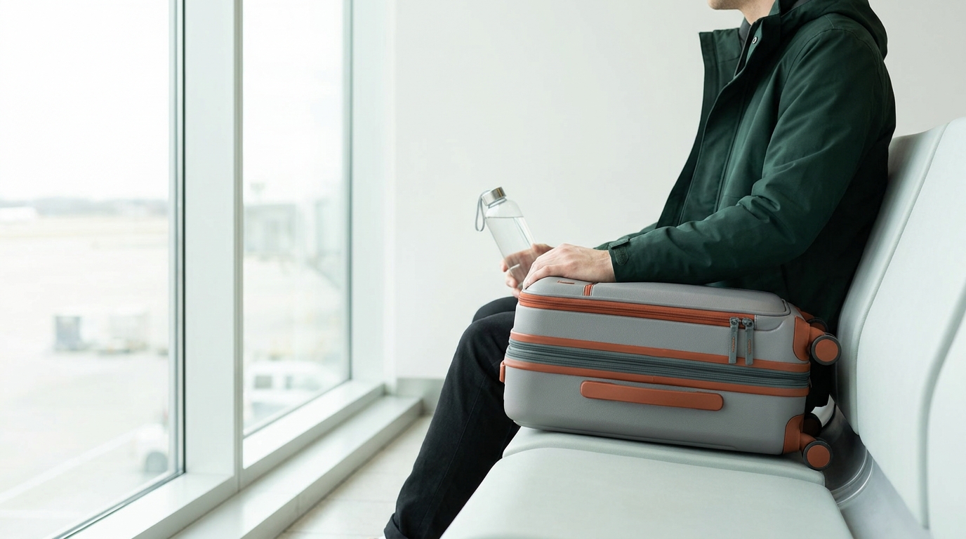 Traveler holding a reusable empty water bottle beside a packed carry on at an airport gate in calm editorial forest and terracotta tones