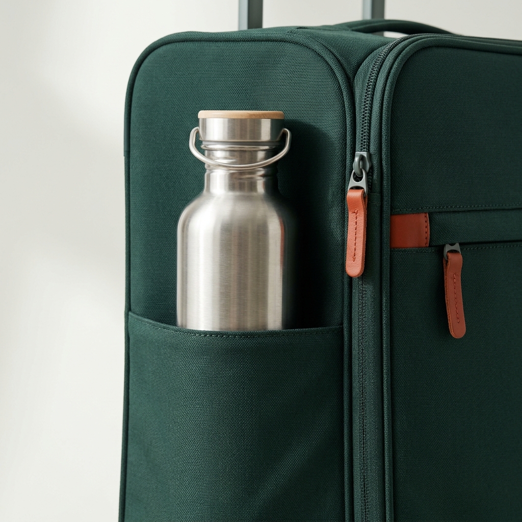 Close up of empty reusable water bottle in outer pocket of a carry on bag against pale Paper background with forest and terracotta accents