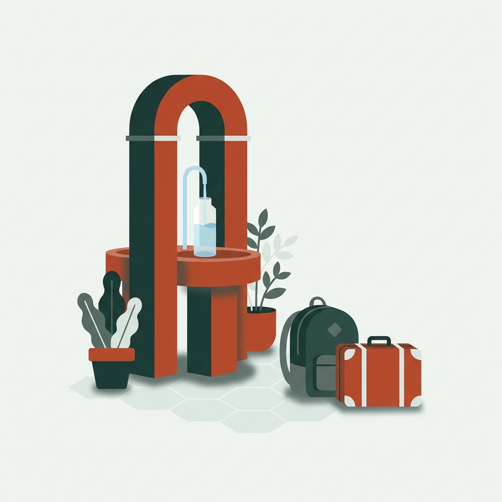 Minimalist 2D vector of a reusable bottle refilling at an airport water fountain with a backpack and carry on nearby in forest and terracotta tones