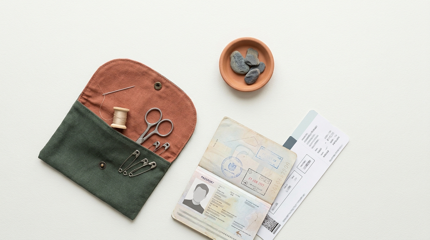 Sewing kit with visible needle beside passport and boarding pass on paper background with forest and terracotta accents