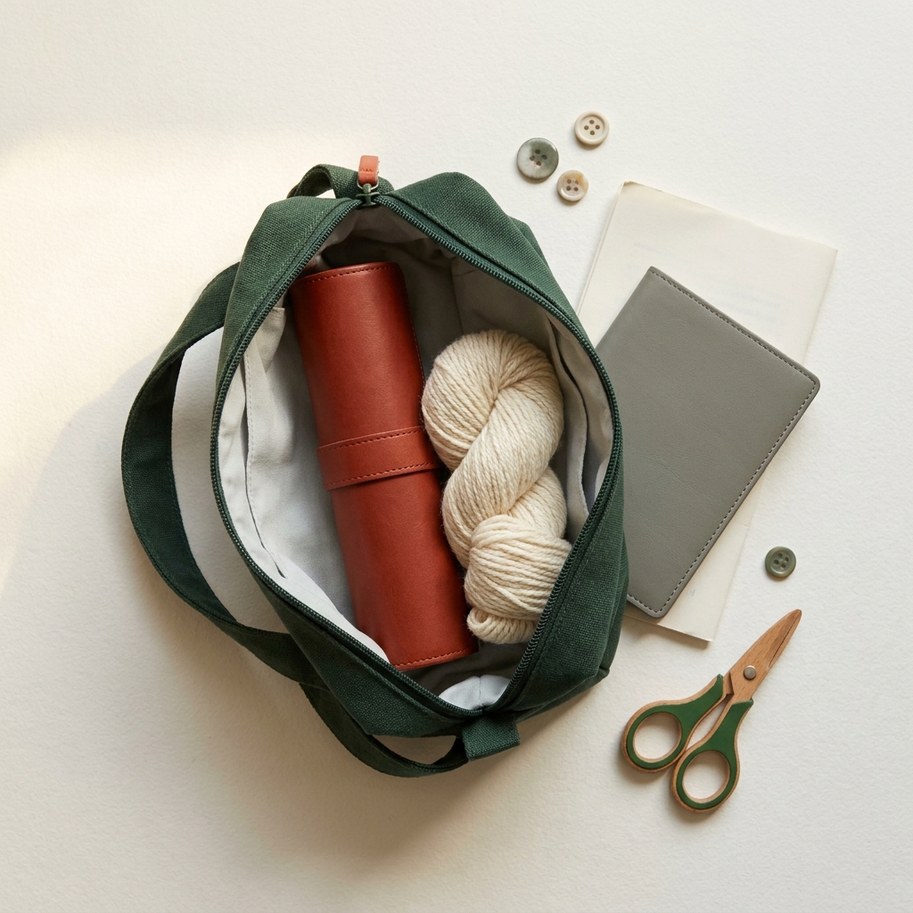 Full frame flatlay of a neat travel project bag with a rigid needle case and yarn on a Paper background with forest and terracotta accents, minimalist Cabin and Carry style