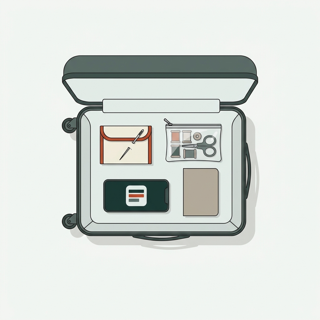 Top down minimalist 2D vector of open suitcase with sewing kit and visible metal needle beside a smartphone showing an airline rules icon calm travel editorial
