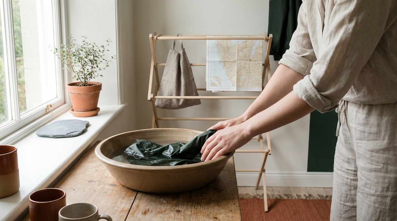 Traveler hand washing a rainproof jacket in a light filled minimalist space with natural light wooden hanger and cabin and carry tones
