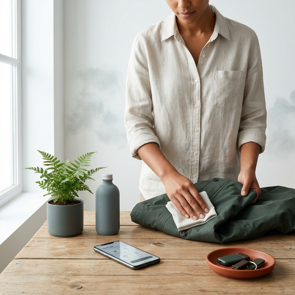 Traveler gently wiping a rainproof jacket on a minimalist tabletop with a phone nearby checking travel rules
