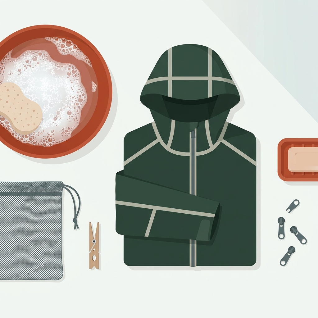 Minimalist 2D vector flat lay showing a folded rainproof jacket with basin soap sponge mesh laundry bag and wooden peg in a calm travel editorial palette