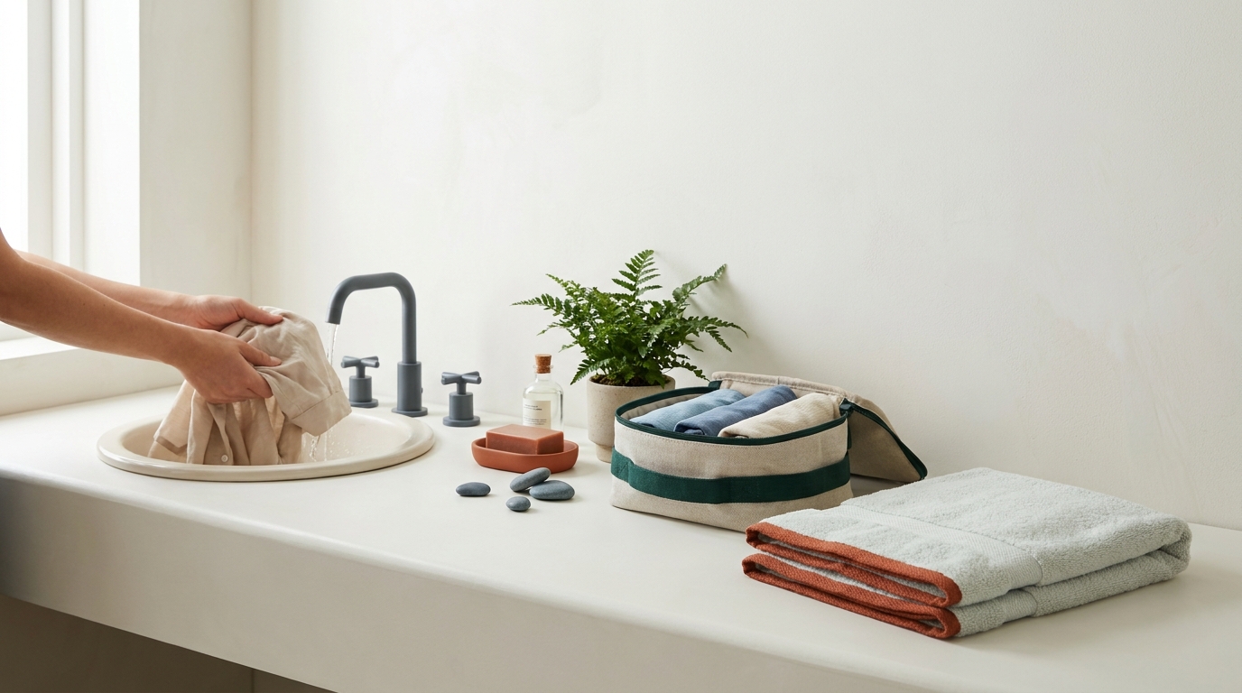 Hotel sink with hands rinsing a travel shirt next to a small packed bag and folded towel styled in paper forest terracotta mist and slate tones