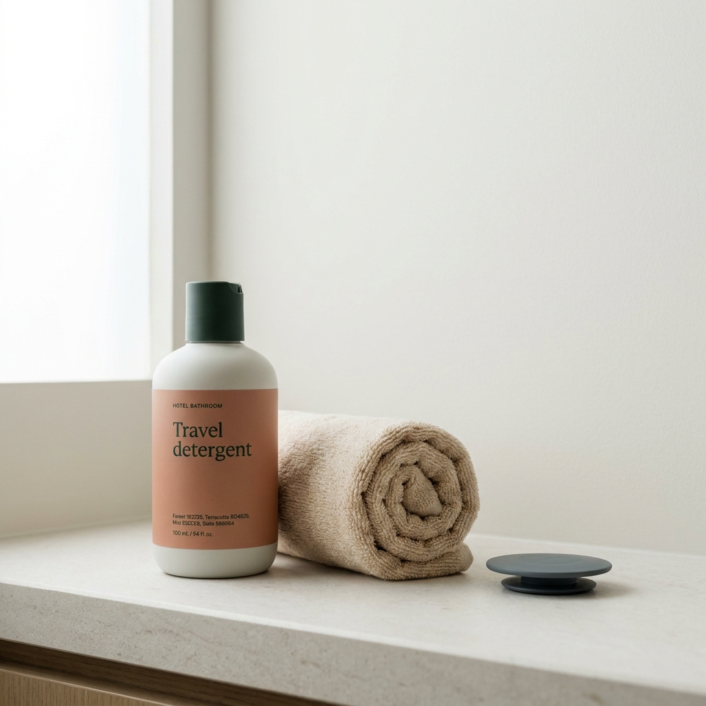 Close still life of travel laundry items on a hotel counter with travel detergent bottle compact towel and sink stopper
