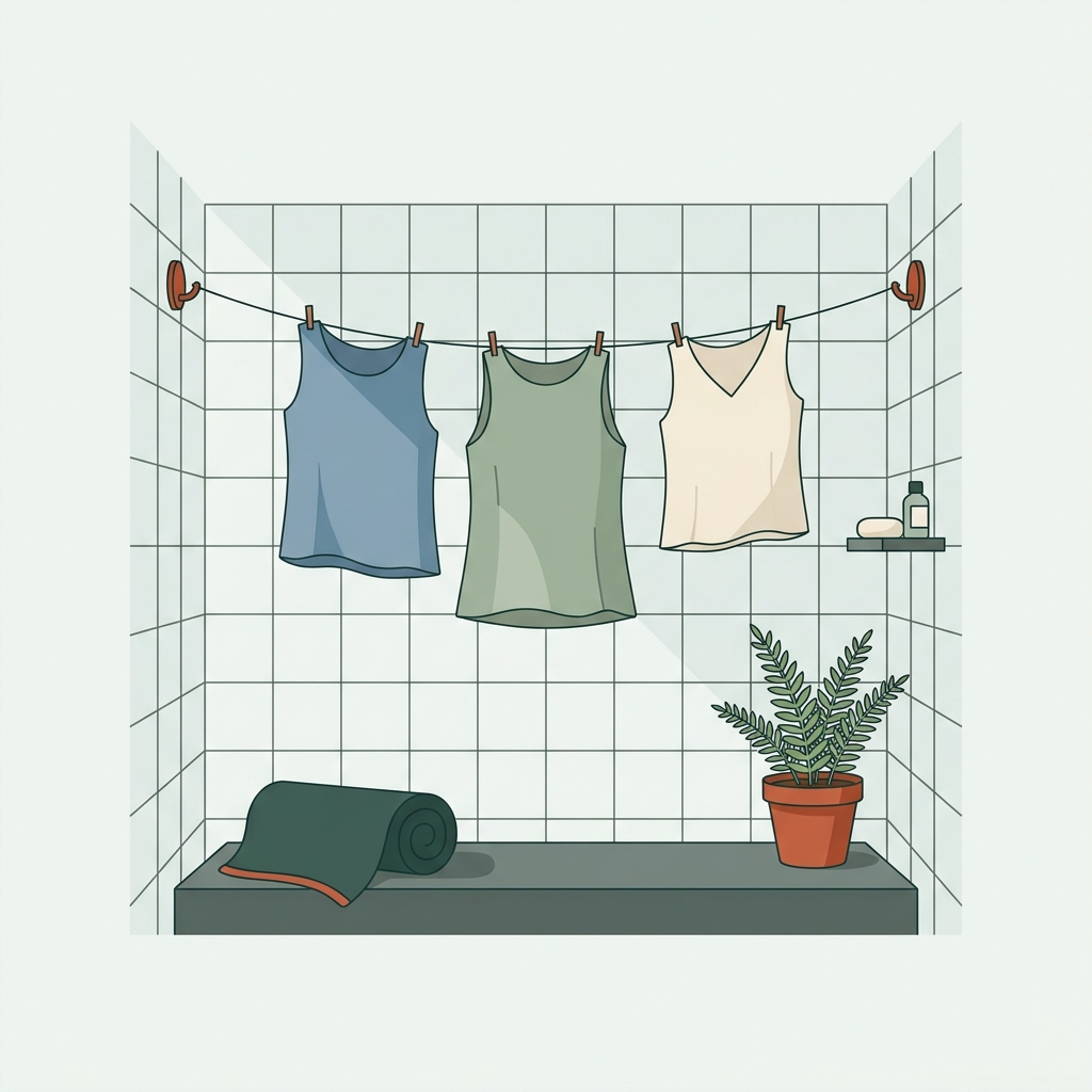 Minimalist 2D vector of a hotel shower with a travel clothesline and three thin garments drying soft editorial light forest and terracotta accents