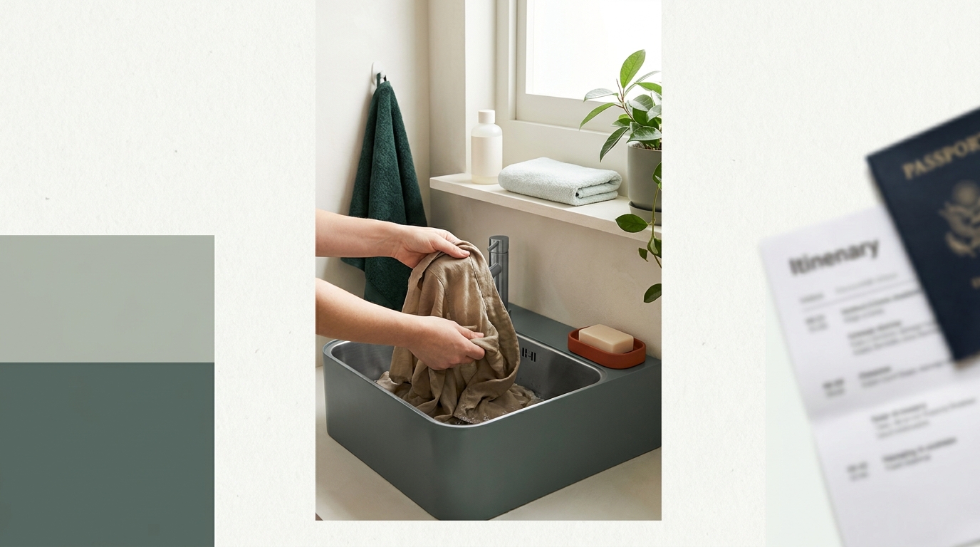 Traveler hand washing a shirt in a compact sink with an unlabelled travel detergent bottle on a paper and terracotta toned counter