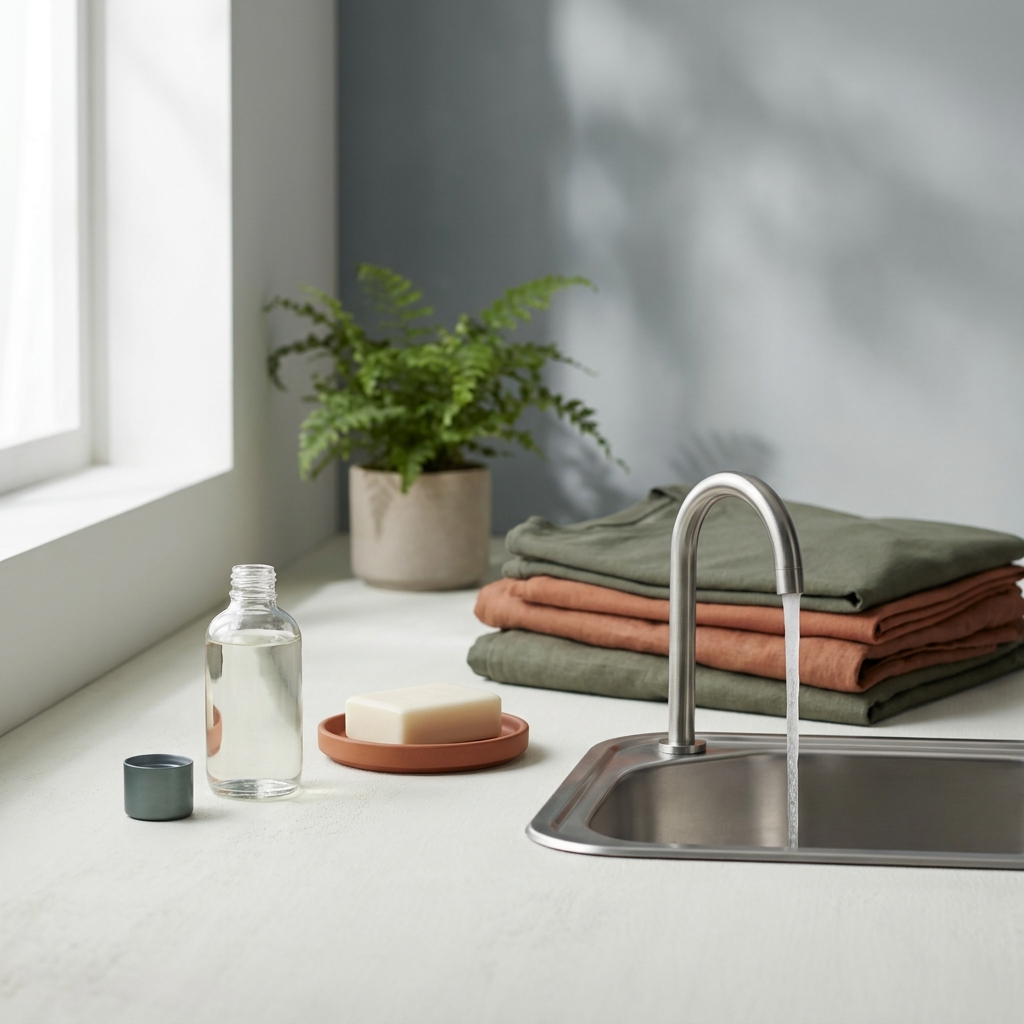Editorial photo of a compact unlabeled detergent bottle beside a stainless sink with folded travel clothes and minimal forest and terracotta accents