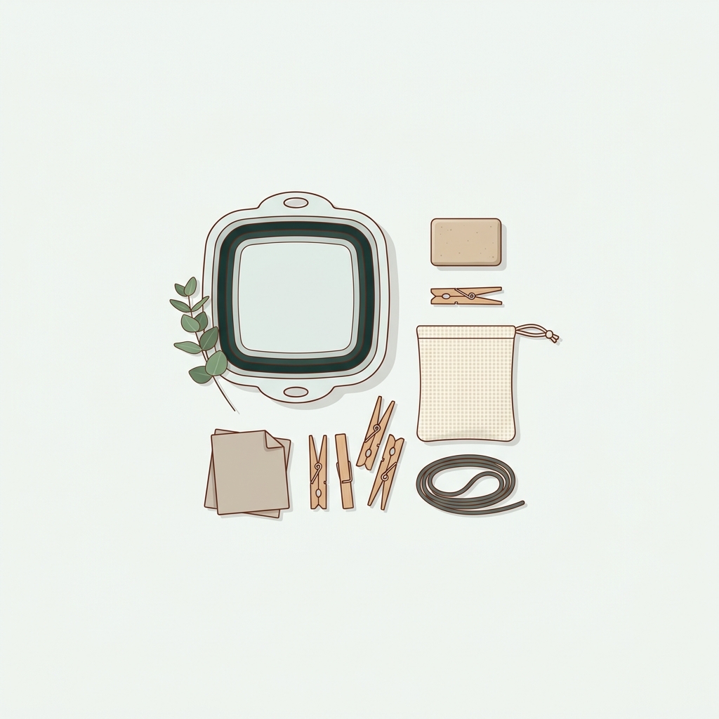 Minimalist vector editorial showing a compact travel laundry kit with collapsible sink basin detergent bar clothespins mesh soap bag drying cord and eucalyptus on a paper background in forest and terracotta tones