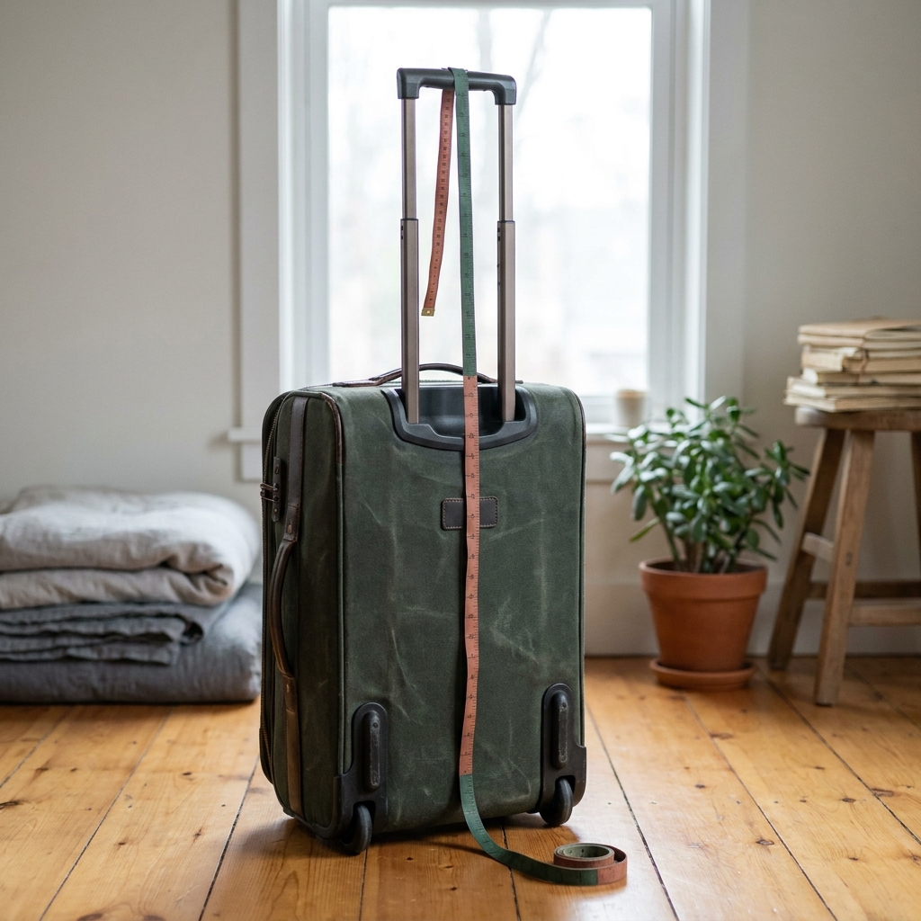 Close up editorial image of an upright carry on on a wooden floor with a tape measure at the wheels and stowed handle showing where to measure