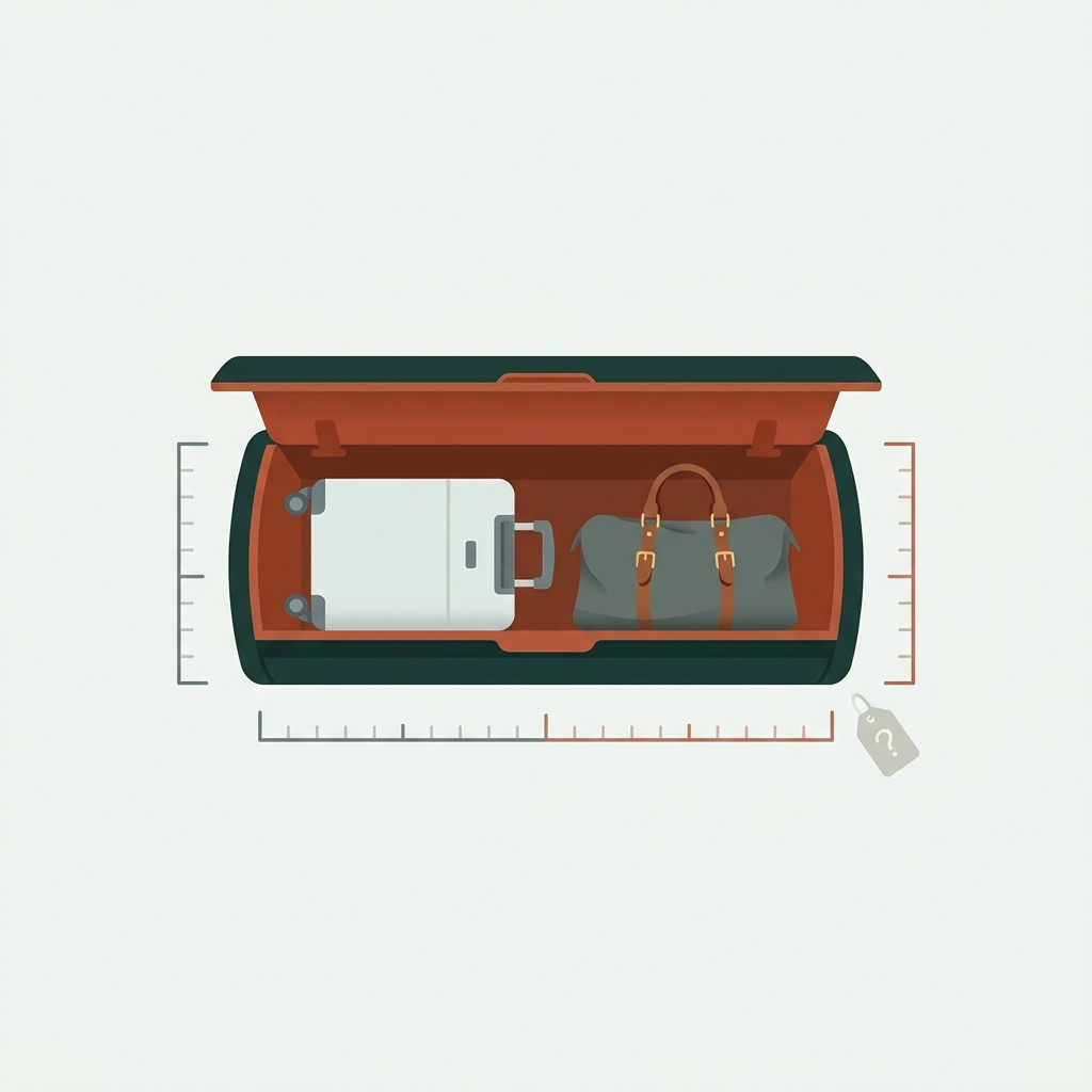 Minimal 2D vector overhead airplane bin with a carry-on spinner and duffel shown inside a simple measurement frame to visualize fit
