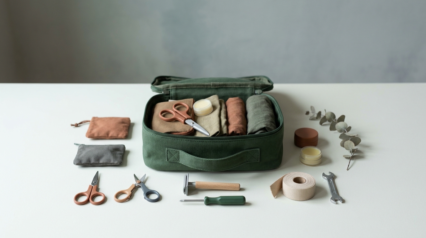 Full frame minimalist editorial of open carry on bag with common small travel tools and packing items in forest and terracotta tones and a reminder to verify airline and destination rules