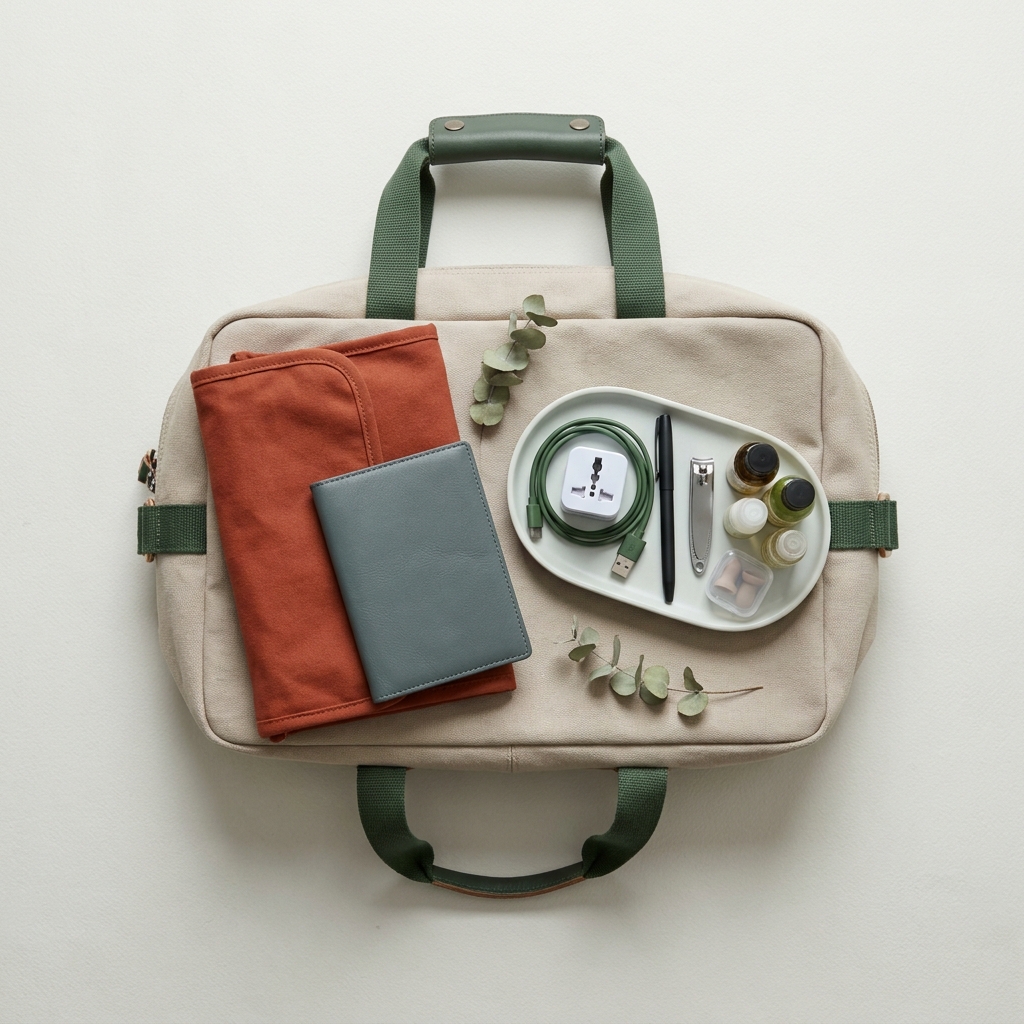 Minimal flat lay of carry on essentials on a paper background with forest green bag terracotta pouch and slate passport