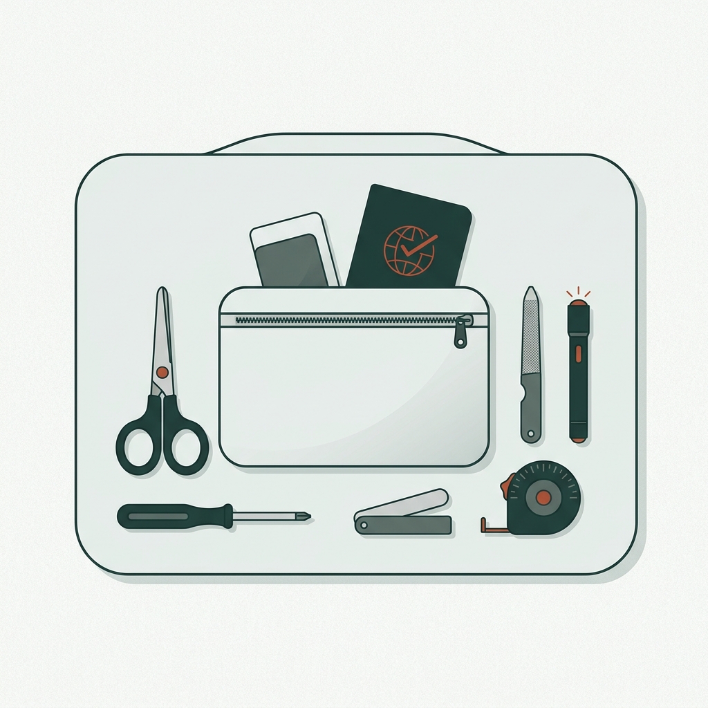 Minimal 2D vector flat lay of carry on essentials and small allowed tools on a paper tone background with forest and terracotta accents