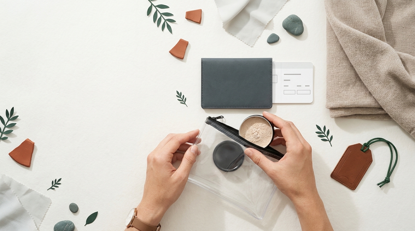 Hands placing an unlabeled tin of hair powder into a clear travel pouch on a soft paper background with forest and terracotta accents