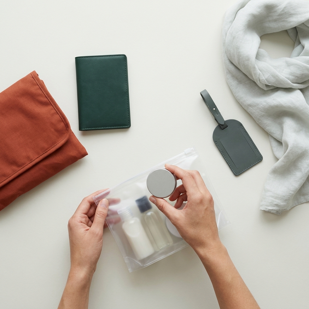 Top down view of hands placing a small hair powder tin into a clear toiletry bag on a light Paper surface with a terracotta pouch and forest green passport cover calm travel scene