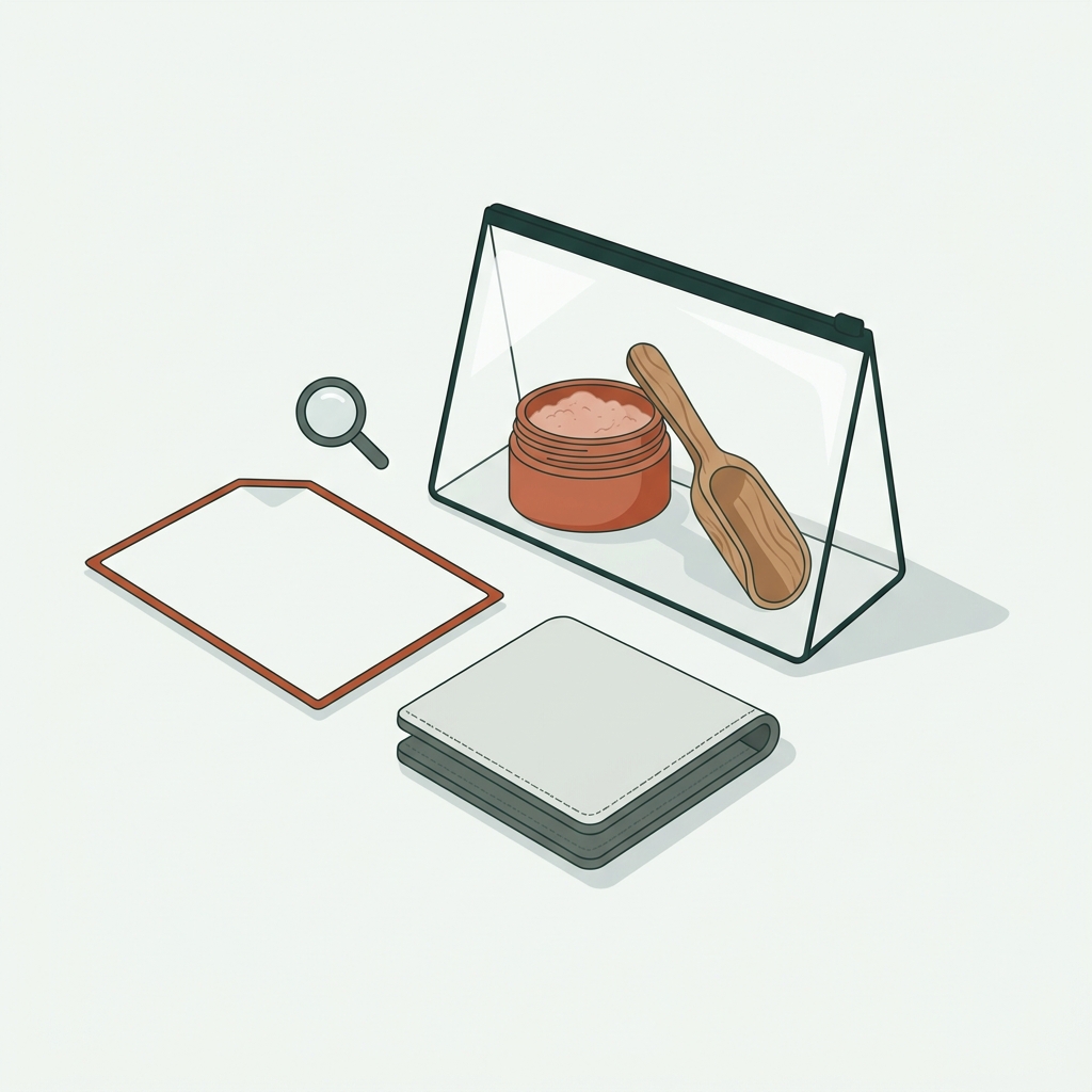 Minimal 2D vector travel toiletry illustration showing a small powder jar in a clear pouch beside a travel wallet and wooden scoop on a paper colored background with forest and terracotta accents