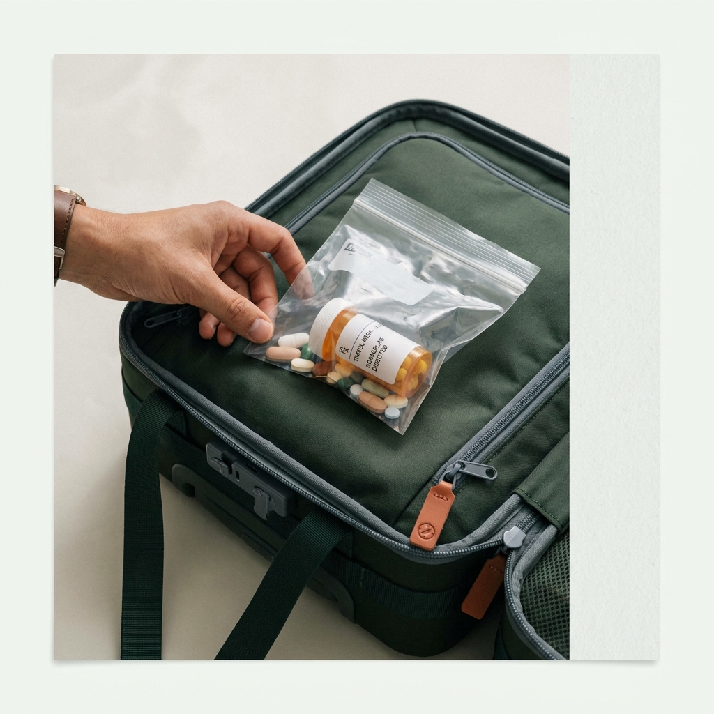 Close up of a clear resealable bag and labeled prescription bottle on top of a packed carry on suitcase in minimalist editorial forest and terracotta tones showing travel medication items
