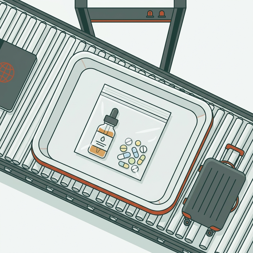 Minimal vector of a clear ziploc bag with liquid medicine bottle and pills on a security tray at an airport checkpoint