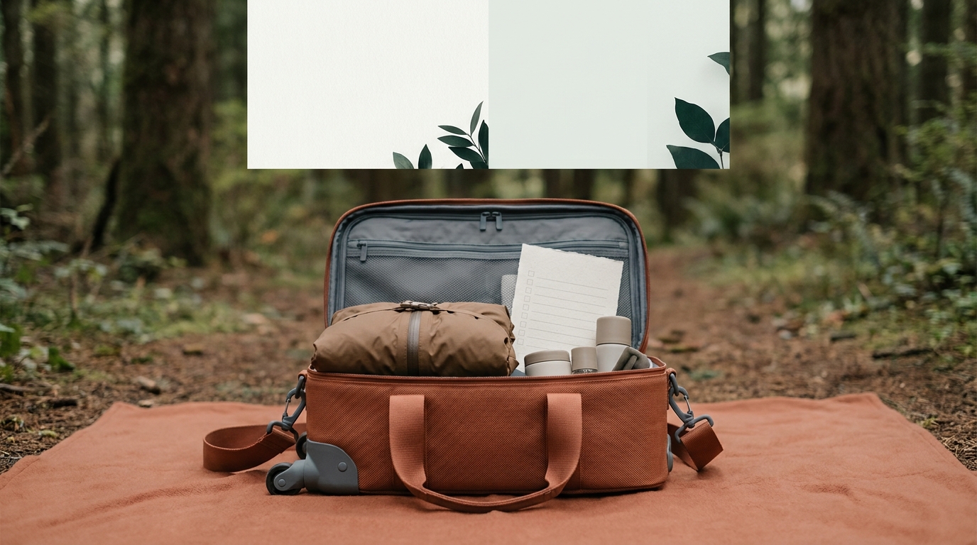 Open carry on on a terracotta picnic blanket on a forest trail showing a compact bundled rain jacket and unlabelled packing checklist