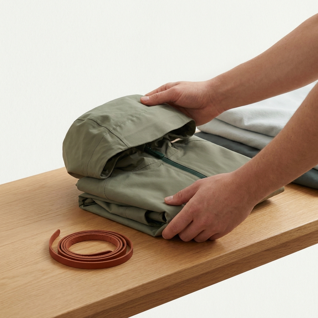 Close up editorial of lightweight rain shell being folded into its hood on a wooden bench in soft natural light with forest and terracotta accents