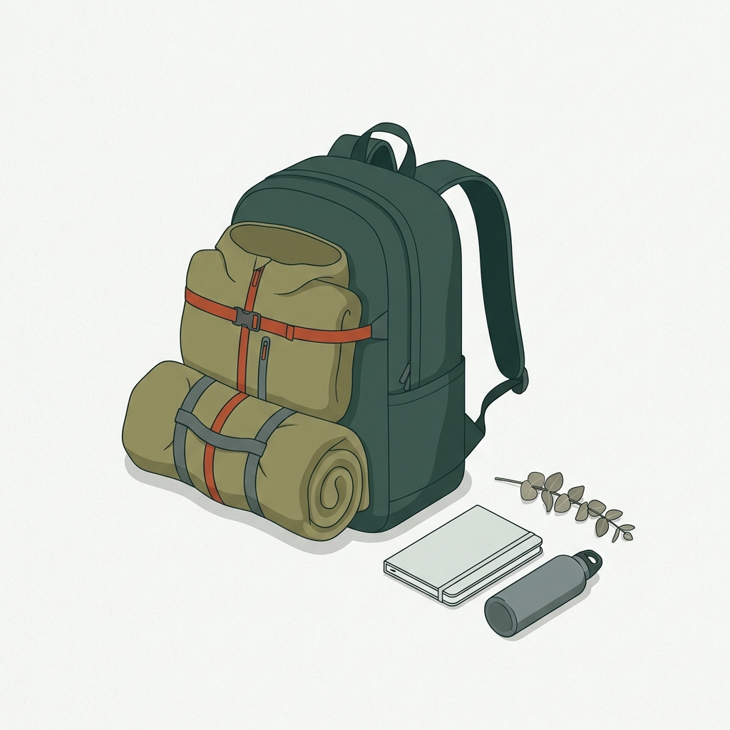Minimalist 2D vector editorial of a centered travel daypack with a tightly rolled rain jacket secured by a small compression strap and simple travel props in Cabin and Carry palette