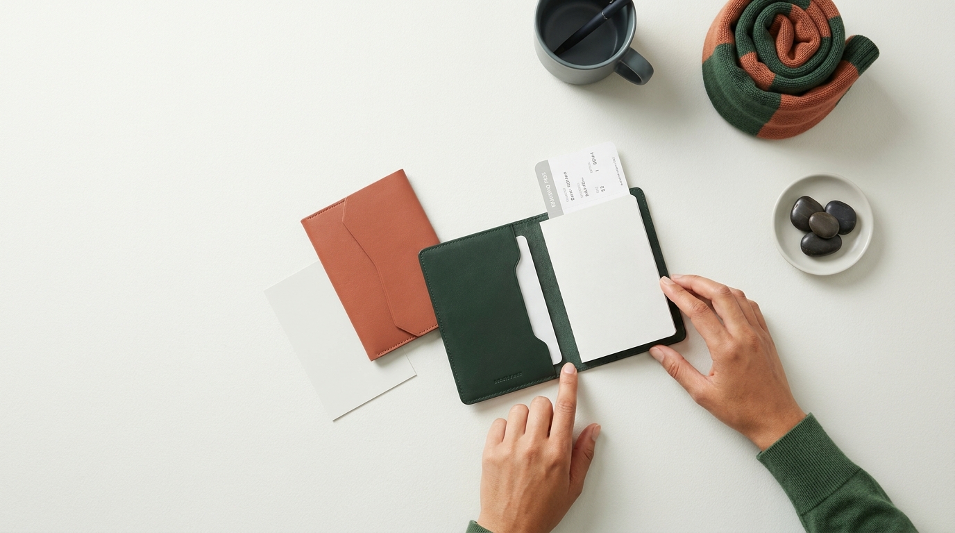Passport boarding pass and compact travel folder flat lay on paper background with Forest and Terracotta accents minimalist reminder to verify airline and destination rules