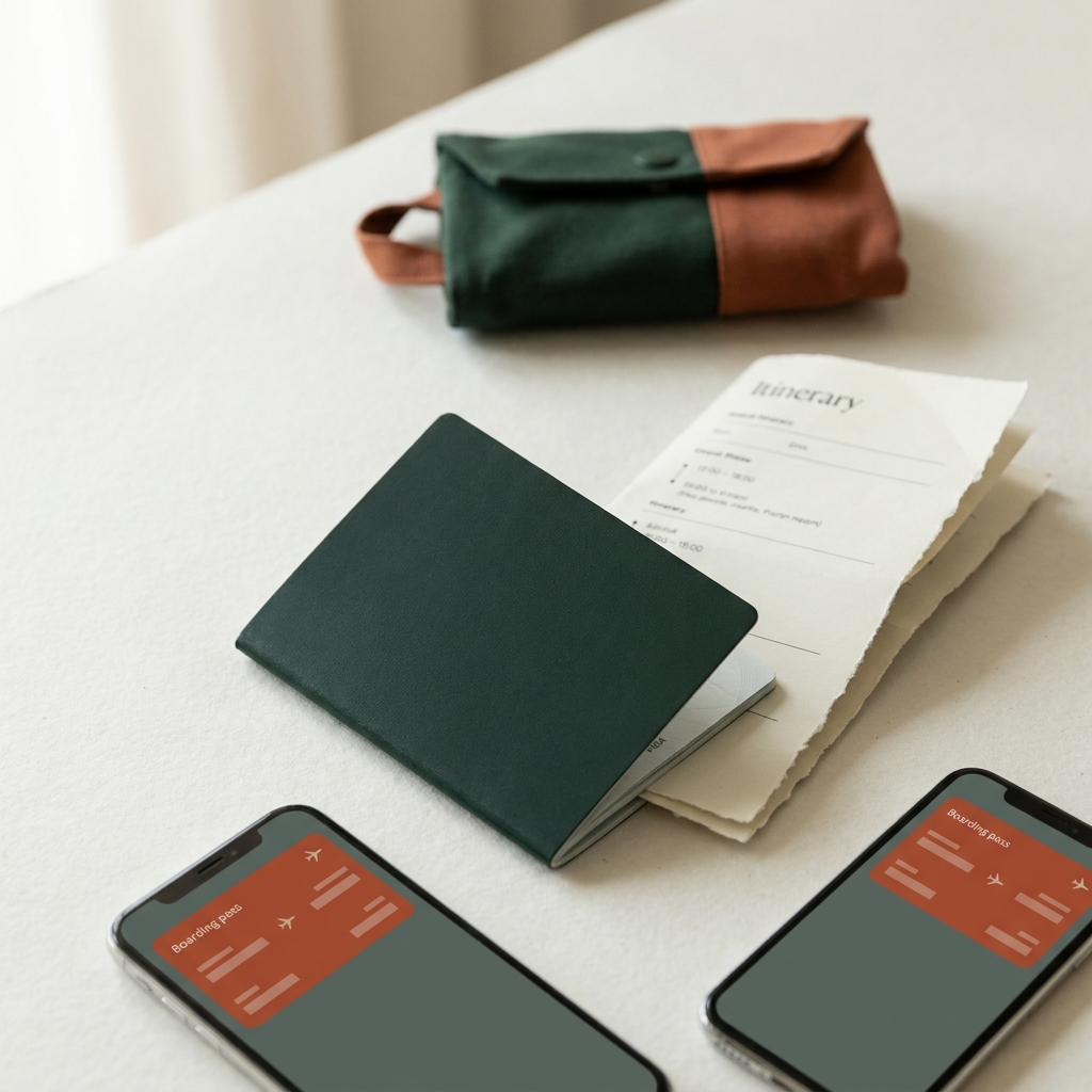 Full frame close shot of passport itinerary and phone with boarding pass beside a travel bag in forest and terracotta tones
