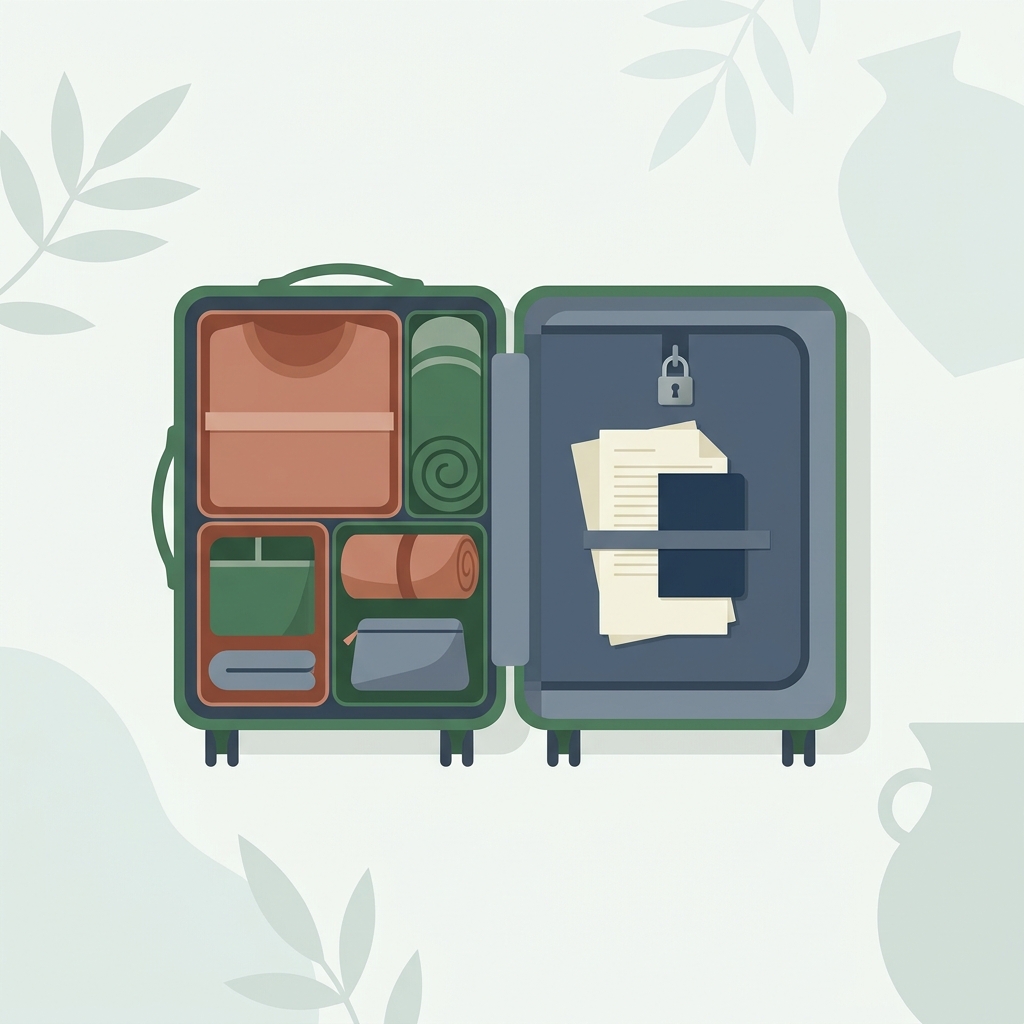 2D vector top down of open carry on suitcase with locked inner compartment and stacked photocopies and passport