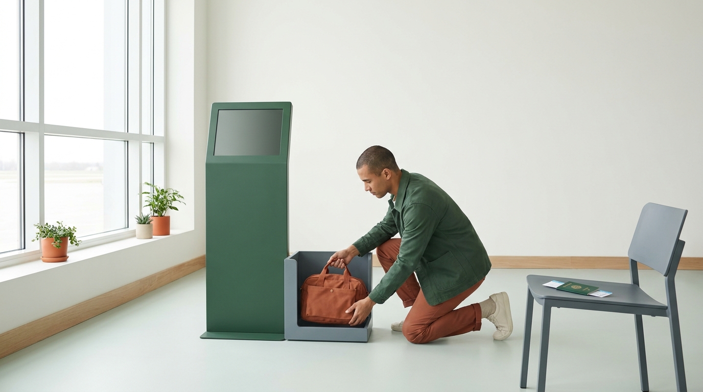 Traveler checks a compact bag next to a gate sign with forest and terracotta accents